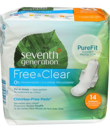 Seventh Generation Ultrathin Pads, Overnight with wings, Free & Clear Chlorine Free, 14 count