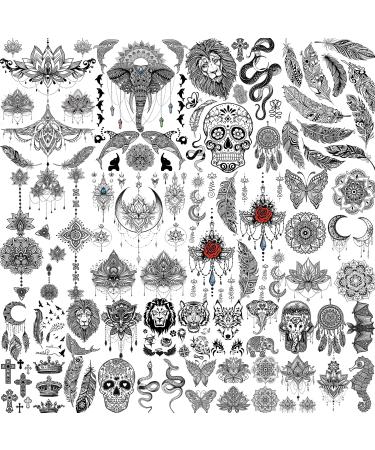 JOEHAPY 31 Sheets 87+ PCS Indian Black Temporary Tattoos For Women Girls Arm  3D Bohemia Lotus Tribal Skull Lion Elephant Tattoo Stickers Adults  Feather Moon Snake Fake Tattoos That Look Real And Last Long