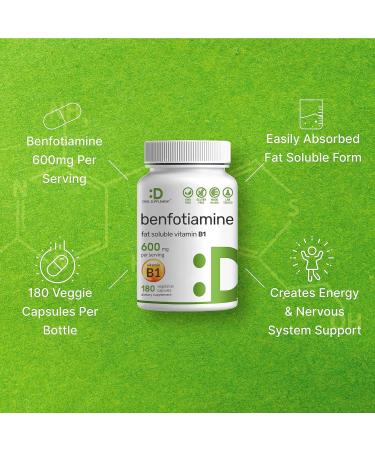 Benfotiamine 600mg | 180 Veg Caps (300mg Per Cap) | Fat Soluble Vitamin B1 | Energy & Nervous System Support | Non-GMO & Gluten Free - Buy Online on GoSupps.com