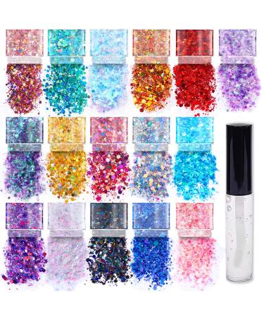 Chunky Holographic Body Glitter I 16 Colors + Glitter Glue for Face Glitter Makeup, Hair, Eye & Fine Glitter Eyeshadow - Perfect for Festivals, Slime, Resin, Tumblers, Craft, Cosmetic & Nail Art 16 Pack Holographic Glitter