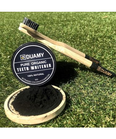 Duamy Activated Carbon Powder for Teeth Whitening - Natural Coconut Formula + 2 Toothbrushes with Activated Carbon Bristles (60g) - Buy Online on GoSupps.com