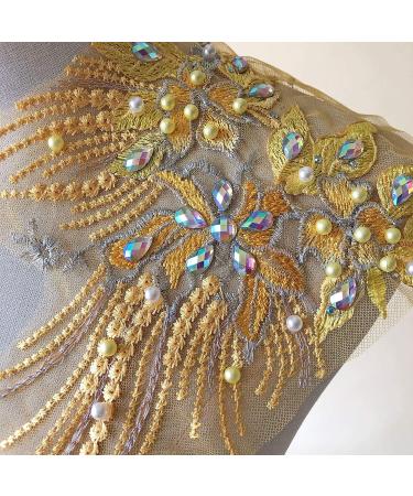 Mirror Pair Beaded Floral Lace Applique with Colorful Rhinestones, Jewelry Motif Embroidery Shoulder Patch for Party Costumes and Dance Dress in Gold - Buy Online on GoSupps.com