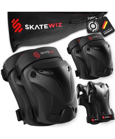 SKATEWIZ Skate Pads - Knee and Elbow Pads & Wrist Guards for Roller Skating 6pc Climate Neutral Skating Protective Gear Adult and Kids - Roller Skate Pads L - Teens and Adults Black