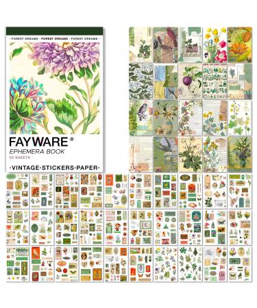 FAYWARE Washi Vintage Stickers for Scrapbooking - Ephemera Sticker Book for Journaling with 453 Botanical Stickers and 20 Scrapbook Papers. Ephemera for Junk Journals  Journaling Supplies for Adults Forest Dreams