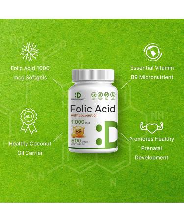 Folic Acid 1000mcg + Coconut Oil Softgels | Bioavailable Prenatal Vitamins - 500 Pills | Non-GMO & Gluten-Free - Buy Online on GoSupps.com