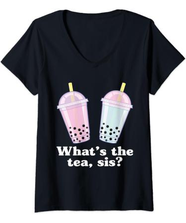 Womens What's The Tea Sis Bubble Tea Gossip Milk Tea Tapioca V-Neck T-Shirt