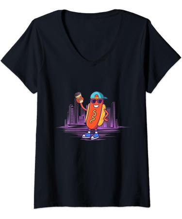 Womens Coffee Bean Cafe Caffeine Hotdog Bun Ketchup Mustard Mayo V-Neck T-Shirt - Buy Online on GoSupps.com