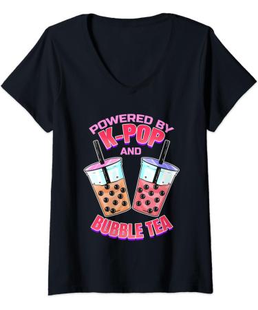Womens Bubble Tea Boba K-POP Music Lover Korean Milk Anime V-Neck T-Shirt
