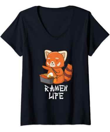 Womens Ramen Life Red Panda Japanese Food Anime Soba Noodles V-Neck T-Shirt