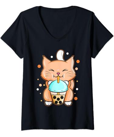 Womens Cat Boba Bubble Tea Anime Kawaii Neko V-Neck T-Shirt