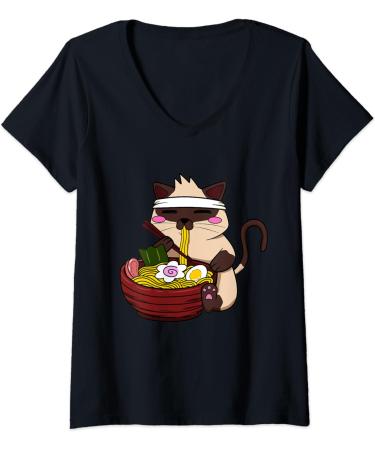Womens Anime Siamese Ramen Japanese Ramen Life Noodle V-Neck T-Shirt