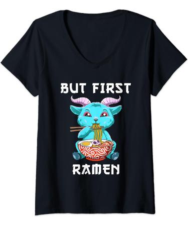 Womens But First Ramen Baphomet Noodle Soup V-Neck T-Shirt