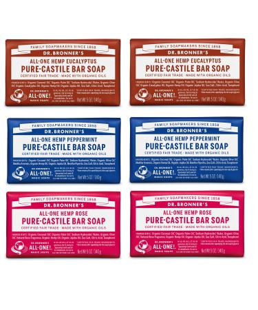 Dr. Bronner's - Pure-Castile Bar Soap (5 Ounce Variety Gift Pack) Eucalyptus Peppermint Rose - Made with Organic Oils For Face Body and Hair Gentle and Moisturizing