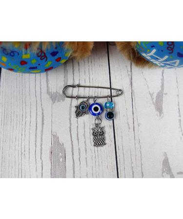 Blue & Silver Evil Eye Hamsa Stroller Pin with Owl - Baby Good Luck Charm - Buy Online on GoSupps.com