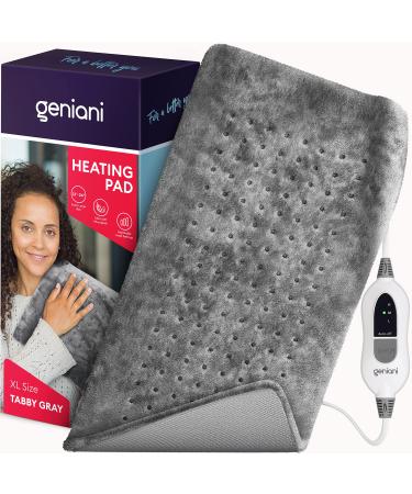GENIANI Extra Large Electric Heating Pad for Back Pain and Cramps Relief - Auto Shut Off - Soft Heat Pad 12"x24" for Moist & Dry Therapy (Tabby Gray)