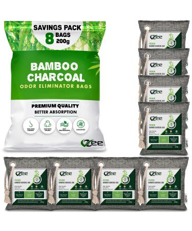 VZee Charcoal Bags Odor Absorber, 8 Pack x 200g, 8 Ropes. Activated Bamboo Charcoal Air Purifying Bag Strong Odor Eliminator for Room, Cats, Dogs, Pet Urine and Musty Basement Smell