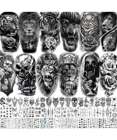 VANTATY 69 Sheets 3D Realistic Tiger Lion Temporary Tattoos For Women Forearm Men Arm  Half Sleeve Wolf Owl Skull Skeleton Waterproof Fake Tattoos For Adults Thigh  Black Animal Bulk Tattoo Sticker