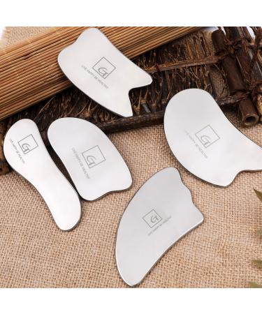 Gua Sha Scraping Massage Tool Jade Set Facial Back Massager for Physical Therapy Reduce Muscle Pain Tendon Scraper Myofascial Release & Breaking Scar Tissue (Titanium, 5 Piece Set) Titanium 5 Piece Set