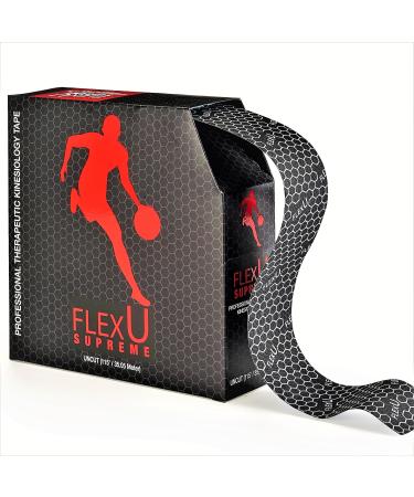 FlexU Kinesiology Tape 140 Pre-Cut Strips or Continuous Roll Ultra-Thin Hypoallergenic Latex-Free Designed as Sports Therapy Support for Muscles & Joints Knee Shoulder & Back Support Long Lasting Black Pre-Cut
