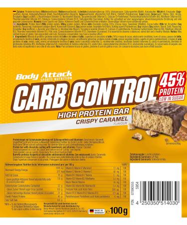 Body Attack Carb Control Protein Bars - Crispy Caramel Low Sugar High Protein 20 x 100g | No Added Sugar - International Shipping Available - Buy Online on GoSupps.com