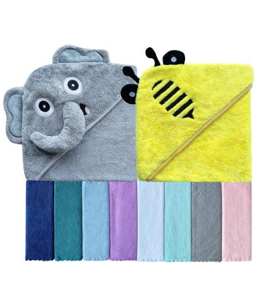 Sunny zzzZZ Baby Hooded Bath Towel and Washcloth Sets, Baby Essentials for Newborn Boy Girl, Baby Shower Towel Gifts for Infant and Toddler - 2 Towel and 8 Washcloths - Yellow Bee and Grey Elephant Bee and Elephant
