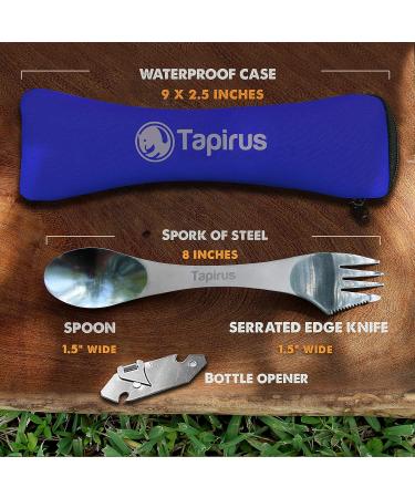 Tapirus 5-in-1 Spork Of Steel Utensils Set - Durable Rust-Proof Stainless Steel for Camping, Fishing, Hunting & Outdoor Activities - Includes Spoon, Fork, Knife, Bottle Opener & Carrying Case - Buy Online on GoSupps.com