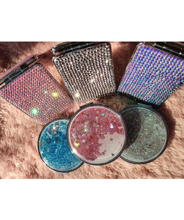 Reabhpy Compact Mirror  Quicksand Pocket Mirror Square with Blingbling Diamond Foldable Fashion Hand Mirror 1X/2X for Purses and Travel Women Girls Gifts (Pink) Pink-square - Buy Online on GoSupps.com