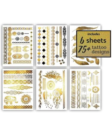Terra Tattoos Gold Metallic Temporary Tats - 75+ Boho Henna Designs with Feathers, Tribal Elephants - Waterproof, Nontoxic, Long Lasting - Ideal for Beach, Festivals & More! - Buy Online on GoSupps.com