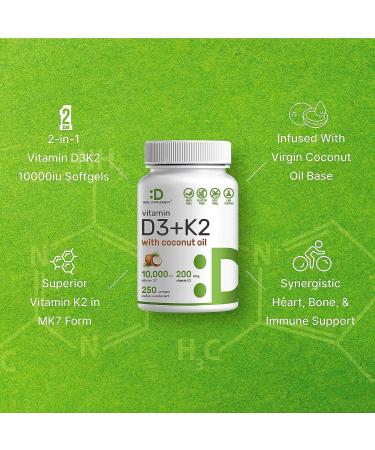 Vitamin D3 10,000 IU + K2 MK7 200 mcg Softgels with Coconut Oil - 250 ct Double Strength for Heart, Bone & Teeth Health - Easy to Swallow - 180 ct - Buy Online on GoSupps.com