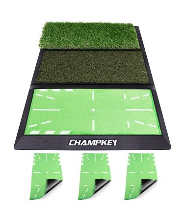 CHAMPKEY TRI-Turf Golf Hitting Mat Come with 3 Impact Surfaces - Nylon Turf Fairway Golf Mat - Traces Swing Path and Improve Swing Accuracy