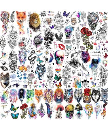 Rejaski 32 Sheets 98+ PCS Watercolor Animals Tiger Lion Skull Temporary Tattoos For Women Men Adult  Fake Tattoos That Look Real And Last Long  3D Realistic Temp Fox Rose Flower Tattoo Snake Wolf Kids WatercolorFlowerAni...
