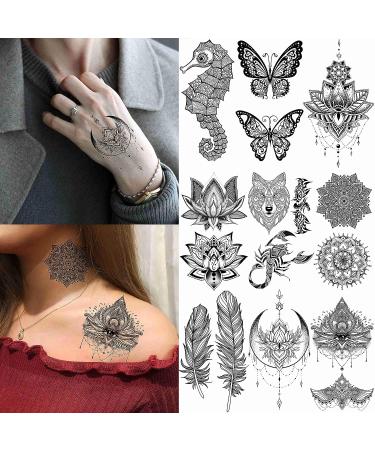 EGMBGM 28 Sheets Tribal Black Temporary Tattoos for Women - Waterproof Fake Tattoos with Owl, Elephant, Ganesha, Lace, Indian Bohemia Lotus Mandala Flower Designs - Underboob, Boobs, Moon Neck Tattoo Stickers for Adults - Buy Online on GoSupps.com