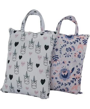 MOM & BAB Wet Bags 13.5"Wide X 18"High| Water & Odor Resistant Bag |Masks Odors| Washable & Reusable | For: Soiled Scrubs Cloth Diaper Daycare Wipes Towels Soiled Clothing Swimsuits (Unicorn/Floral)