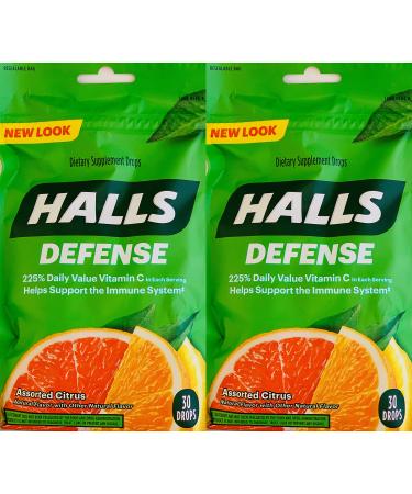 Halls Defense Vitamin C Assorted Citrus Cough Drops, 30-Count (2 Pack) (2 Pack) 30 Count (Pack of 2)