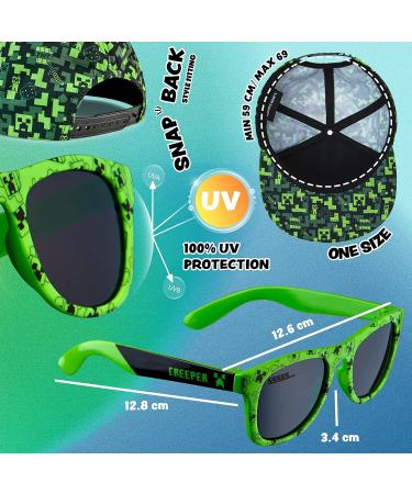 Minecraft Baseball Cap Set for Kids - 2 Snapback Caps & Sunglasses | Boys Sun Protection Black/Green Official Merchandise - Buy Online on GoSupps.com