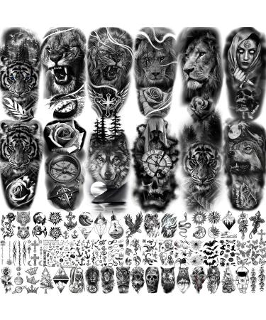 COKTAK 64 Sheets Large Black Arm Temporary Tattoos For Men Forearm Women Thigh  Half Sleeve Animals Lion Tiger Wolf Temp Tattoo Stickers Adults  Death Skull Compass Flower Fake Tattoos That Look Real TribalTigerLionWolf