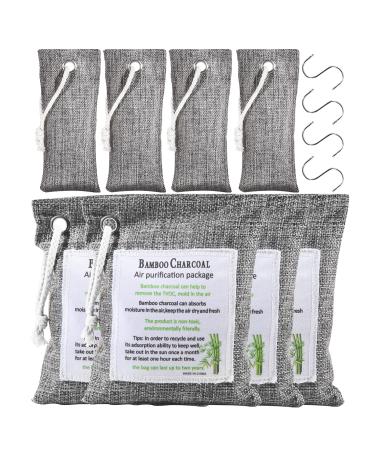 Bamboo Charcoal Air Purifying Bag, 8 Pack (4x200g, 4x50g) with Hooks, Nature Activated Charcoal Odor Eliminator for Closet, Car, Home, Shoe Deodorizer