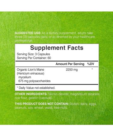 Lions Mane Mushroom Extract 2250mg | 180 Capsules Natural Nootropic with Fruiting Body & Mycelium | Rich in Polysaccharides | Non-GMO - Buy Online on GoSupps.com