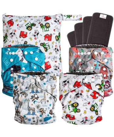 LittleDingo Reusable Cloth Diapers for Babies and Toddlers - 4 Reusable Charcoal Bamboo Diapers + 4 Charcoal Bamboo Inserts and 1 Reusable Diapers Wet Bag Autum - Animal