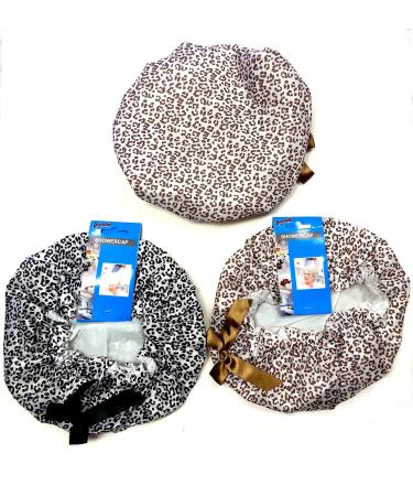 3 Pack Premium Lined Shower Cap Black and Brown Leopard Zebra Prints with Bow