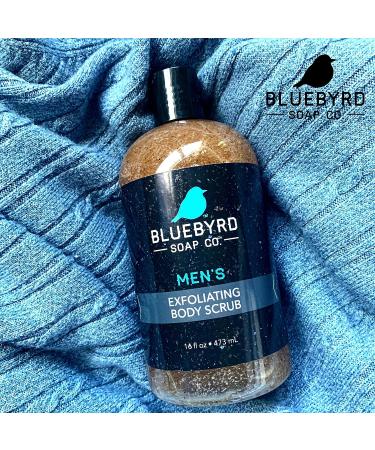 BLUEBYRD Soap Co. Men's Exfoliating Body Scrub Liquid Gel 16oz - 2-in-1 Body Wash & Scrub | With Loofah, Cocoa Bean Shells & Apricot Seed - Buy Online on GoSupps.com
