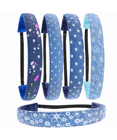 FROG SAC 5 Denim Non Slip Headbands for Girls, Adjustable No Slip Headband Pack for Kids, Elastic Fashion Hair Band for Children, Stretch Head Bands Hair Accessories for Birthday Party Favors