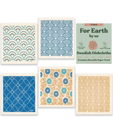 FEBU Swedish Dishcloths for Kitchen | 5 Pack Blue Geometric Swedish Dish Towels | Cellulose Sponge Cloths | Non Scratch Reusable Paper Towels | No Odor, Biodegradable and Reusable Kitchen Dish Rags 5 Count (Pack of 1) Japanese