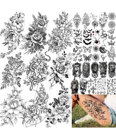 Rejaski 34 Sheets Large Rose Peony Temporary Tattoos For Women Thigh Half Arm Sleeve  Girls Temp Body Art Waterproof Tattoos Adults 3D Black Butterfly Floral  Fake Tattoos That Look Real and Last Long LargeFlowers