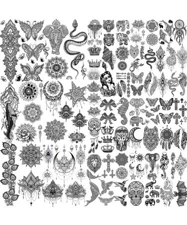 Shegazzi 58 Sheets Black Lace Temporary Tattoos for Women - Large Lotus Mandala Flower Snake Elephant Butterfly Fake Tattoos Kit - Indian Tribal Skull Tattoos Adults - Arm Sleeve Neck Wedding - Buy Online on GoSupps.com