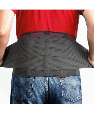 OMAX Lumbar Back Brace - Adjustable Trainer Straps for Lower Back Core Support Belt - Immediate Back Waist Pain Relief, Theraputic Sciatica Breathable Mesh Design Extra Compression for Men and Ladies Black Medium (Pack of 1)