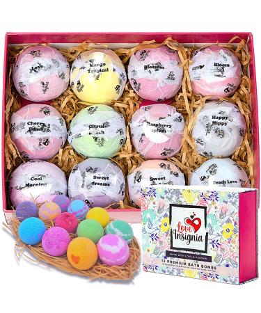 Love Insignia Bath Bombs-Luxury Gift Set 12 Premium Handmade Organic Bath Bombs For Women With Pure Essential Oils  Shea & Cocoa Butter For Bubble & Spa Bath  Mothers Day & Birthday Gift