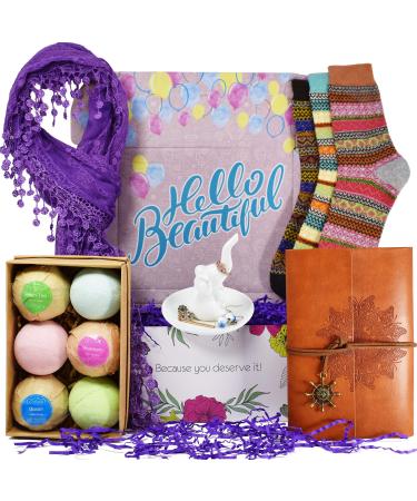Gift Basket for Women - The Gift Set for Women Contains: 6 Bath Bombs  3 Pairs of Socks  1 Leather Journal  1 Elephant Ring Holder and 1 Scarf. Gifts for Women or Birthday Gifts for Women