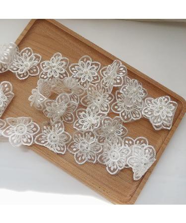 White Wedding Applique Ribbon with Embroidered Flower Lace and Pearl Trim - 3 Yards - Buy Online on GoSupps.com