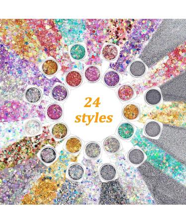 24 Boxes Holographic Nail Art Sequins Sets - Glitter Mermaid Powder Decorations for Manicure, Face, Eyes, Body, Hair - Chic Pattern - Buy Online on GoSupps.com
